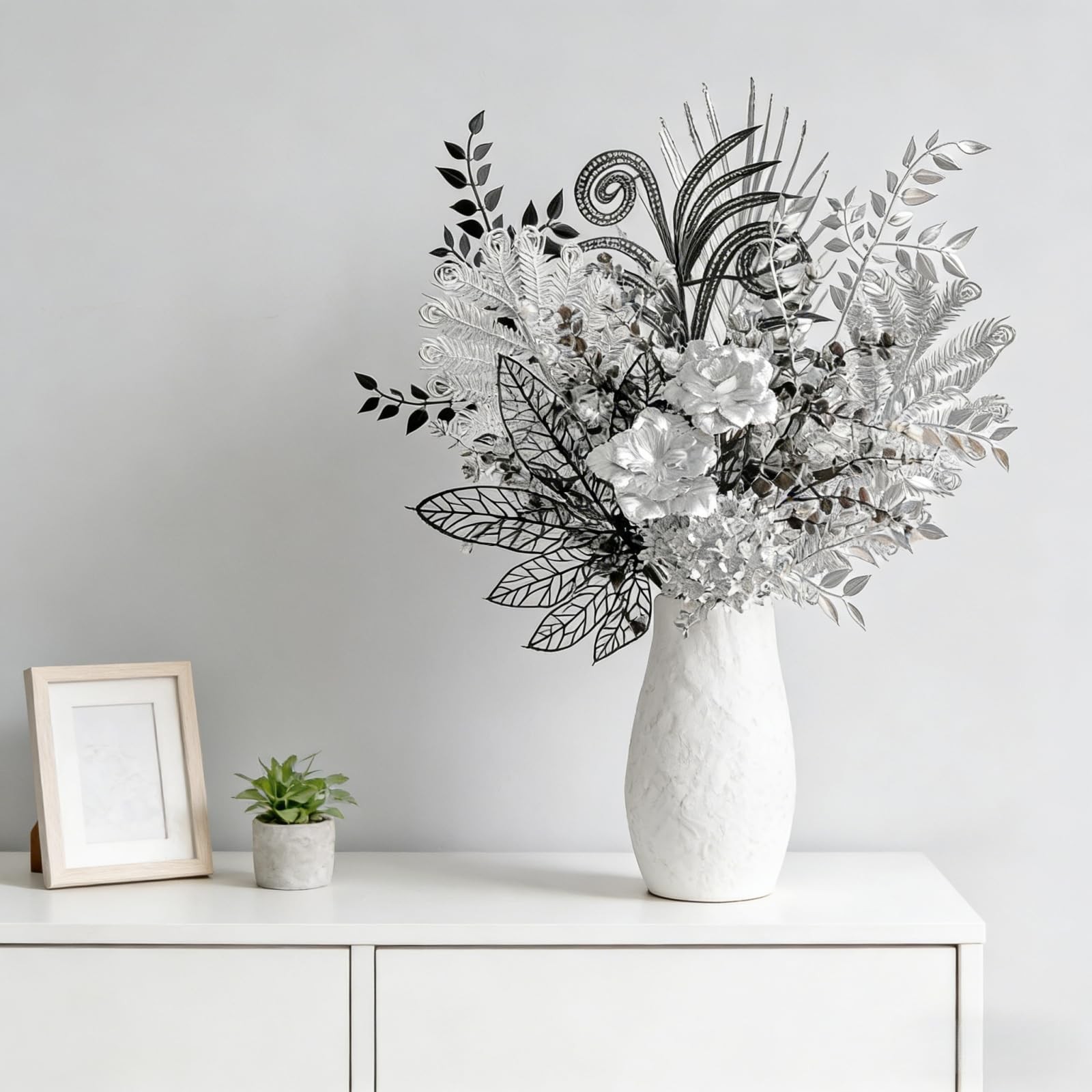 17-Inch Shimmering Black and Silver Artificial Bouquet, Modern Gothic Silk Flowe