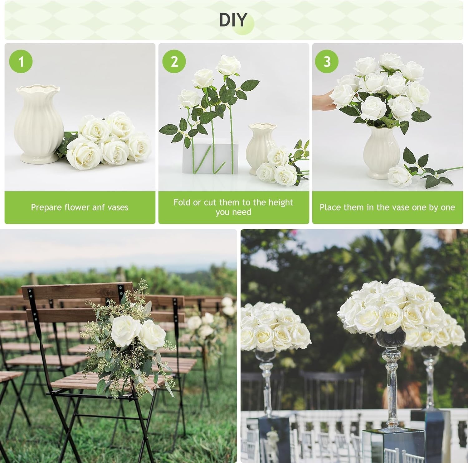 20pcs Fake Roses, 4in Big Velvet Flower Head White Roses Artificial Flowers w…