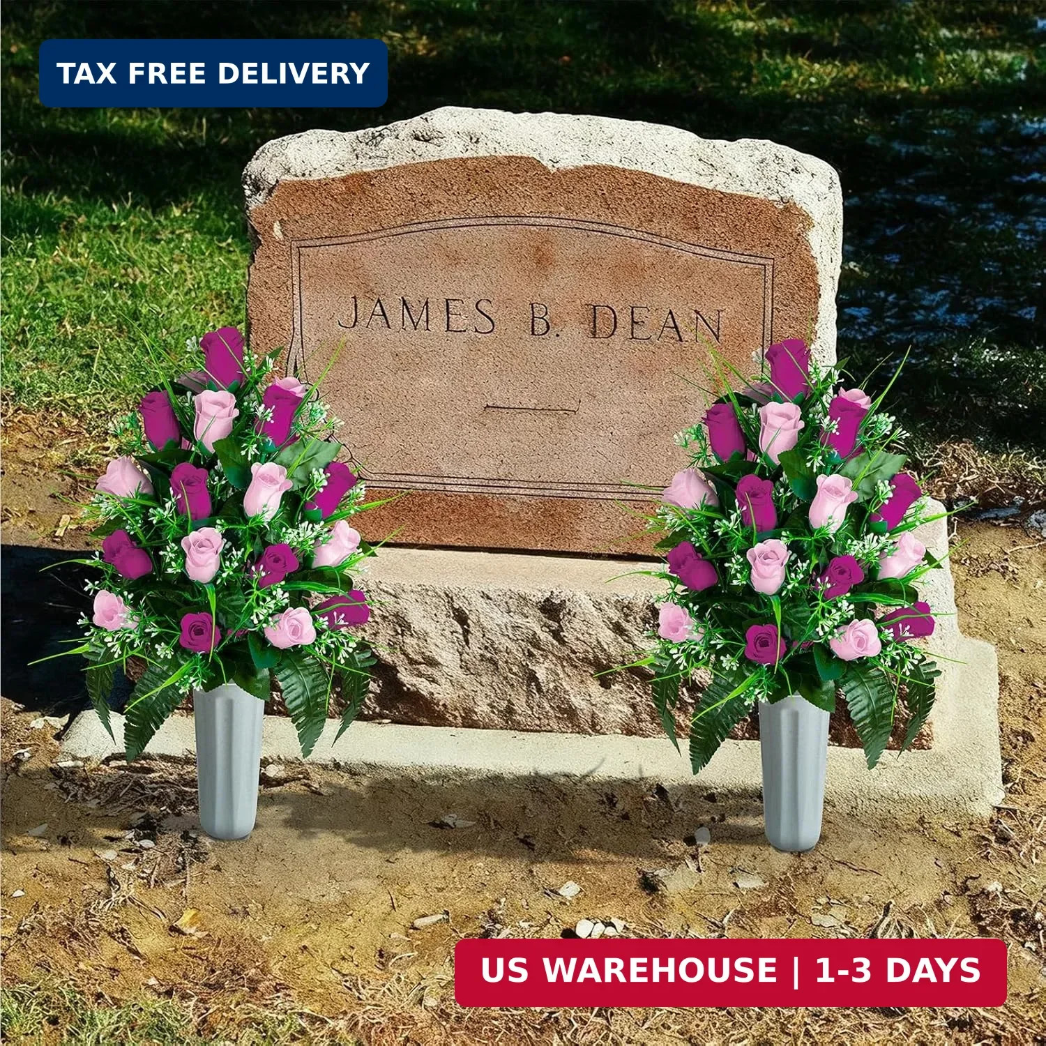 Artificial Cemetery Flowers – Set of 2 Grave Memorial Rose Flowers with Vase for