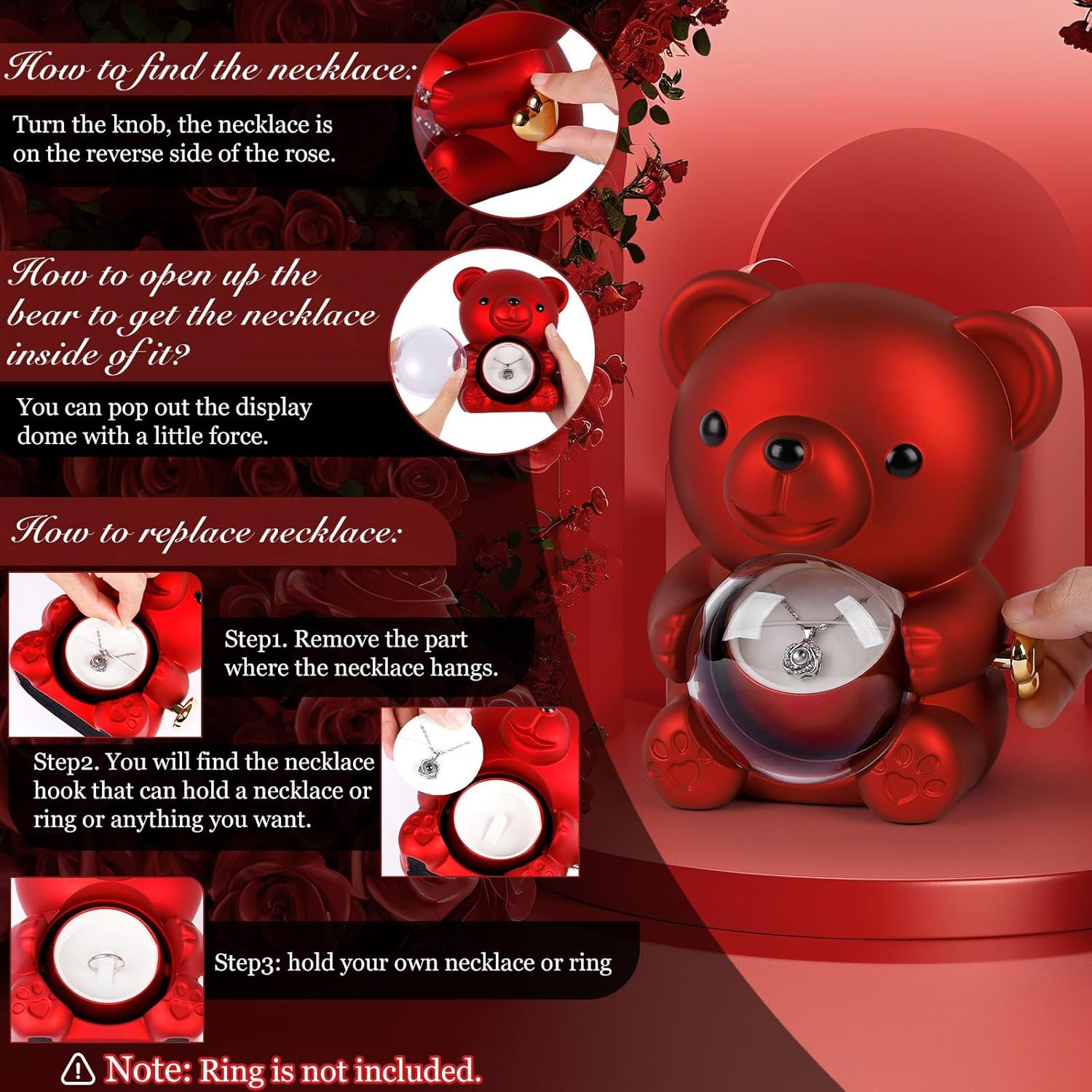 Red Rose Bear Teddy with Necklace Gift Box Forever Flower Romantic Gift for Her