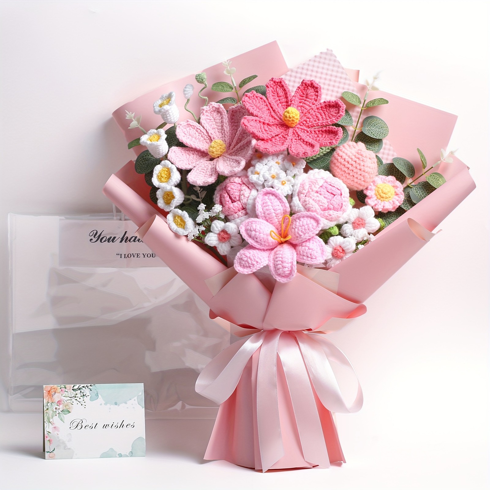 Crochet Knitted Flower Bouquet Handmade Faux Gift Mom Card Birthday Anniversary