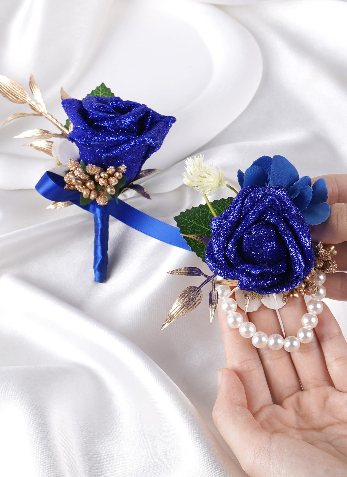 2 PCS Blue Boutonniere Corsage Set Artificial Flowers Wrist Wedding Prom Groom