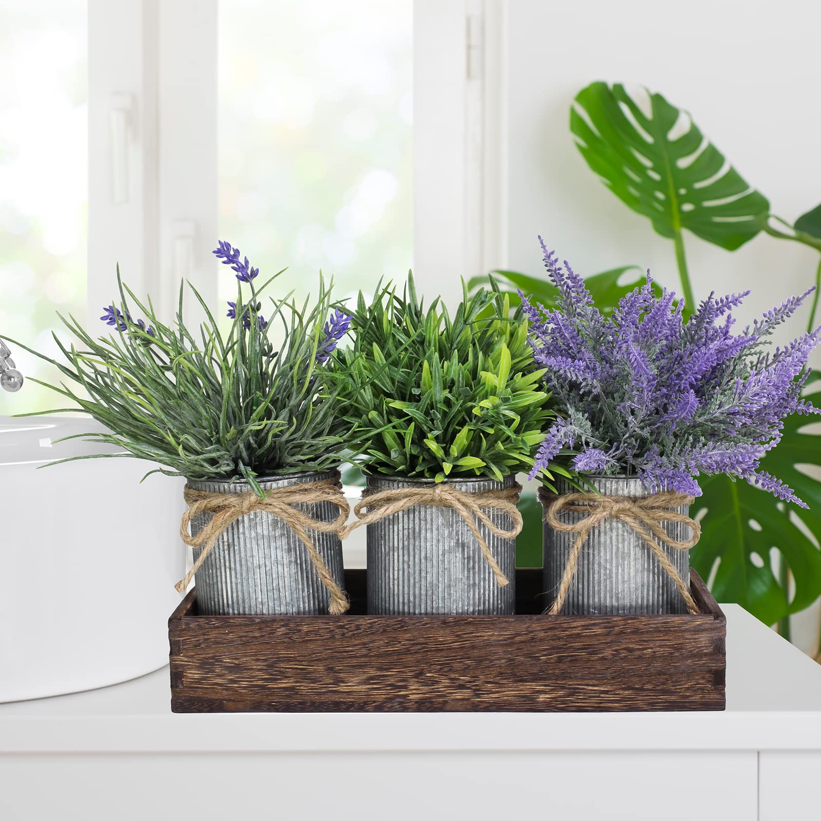 Set of 3 Small Potted Plants Arrangement Artificial Lavender and Grass Plants…