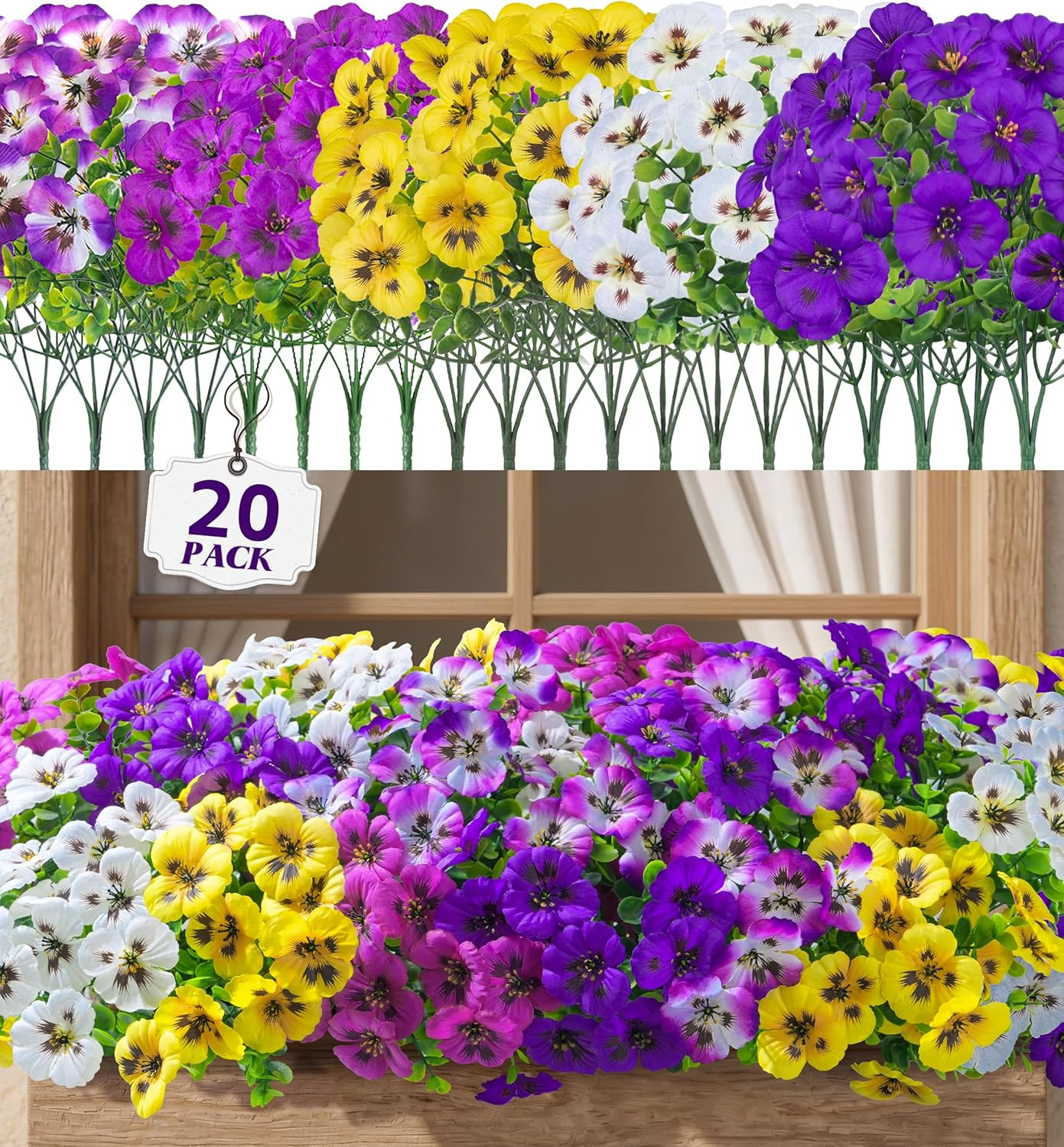 20PCS Fake Artificial Pansy Flowers for Outdoors Spring Decor, Faux Silk Pansies