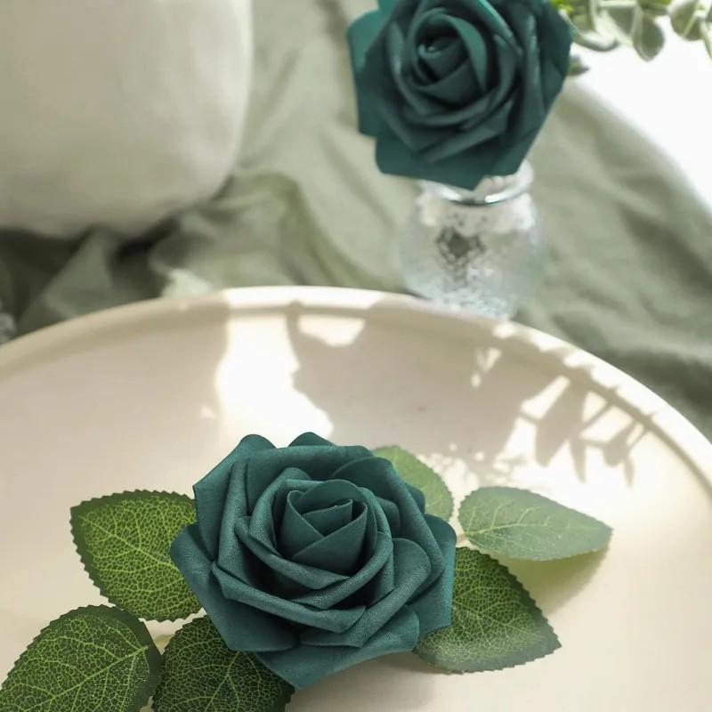 25Pcs Dark Teal Foam Roses with Stems Artificial Flowers for DIY Wedding Decor
