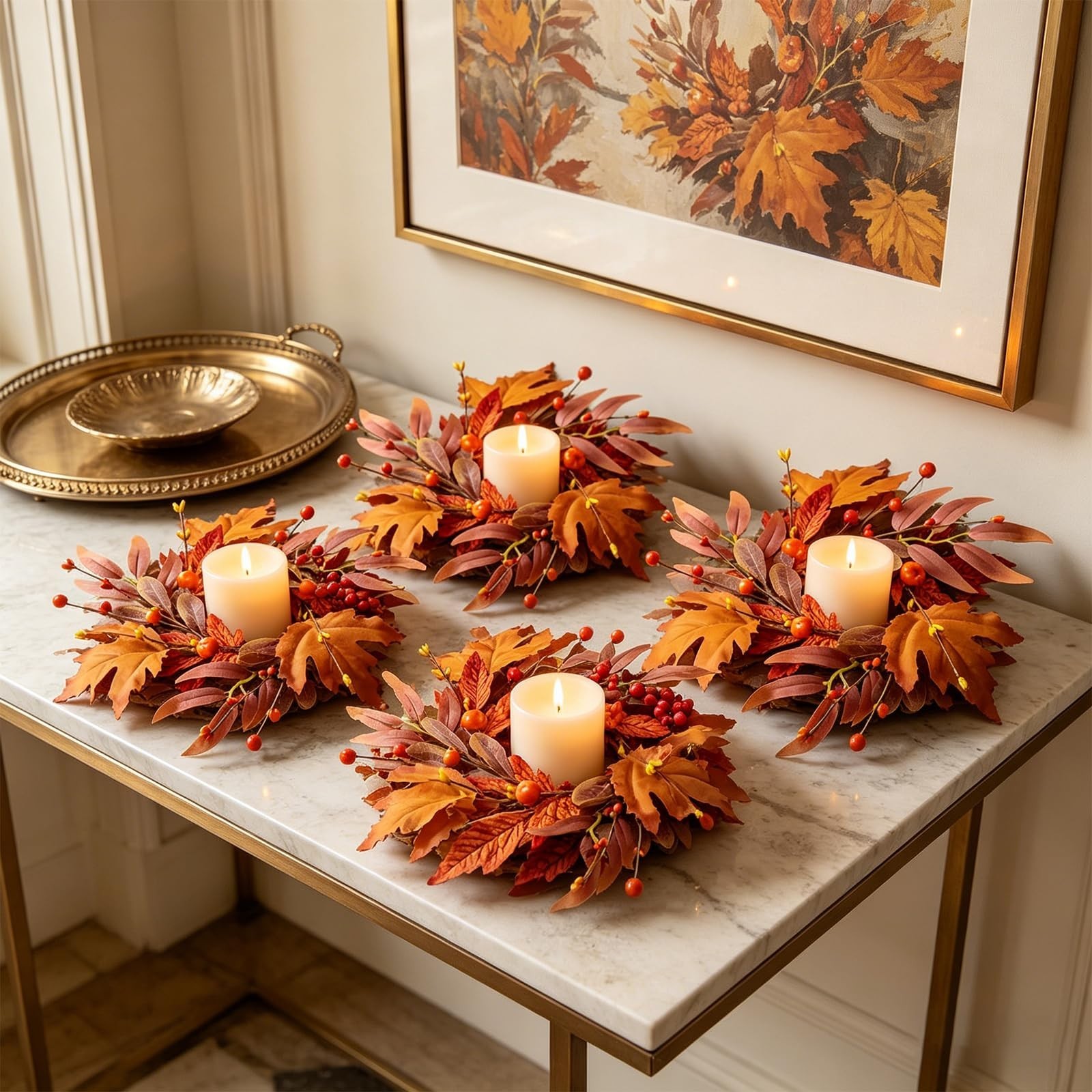 4 Pcs Mini Fall Wreaths – 9″ Maple Leaf Candle Rings, Autumn Centerpieces for Ho