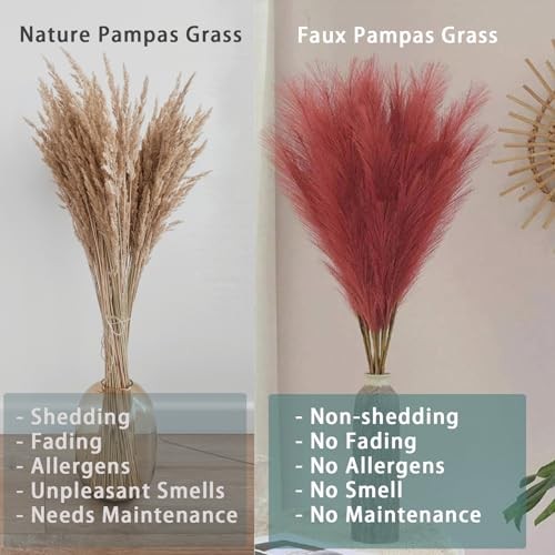 38″ 10 Stems Faux Pampas Grass Tall – Red Tall Pampas Grass Decor Burgundy