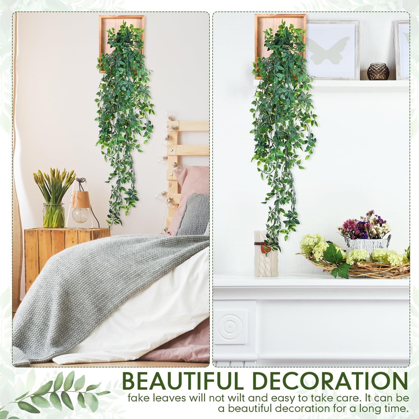 2 PCS Artificial Hanging Plants Wooden Frame Mandala Leaves Vine Wall Decor