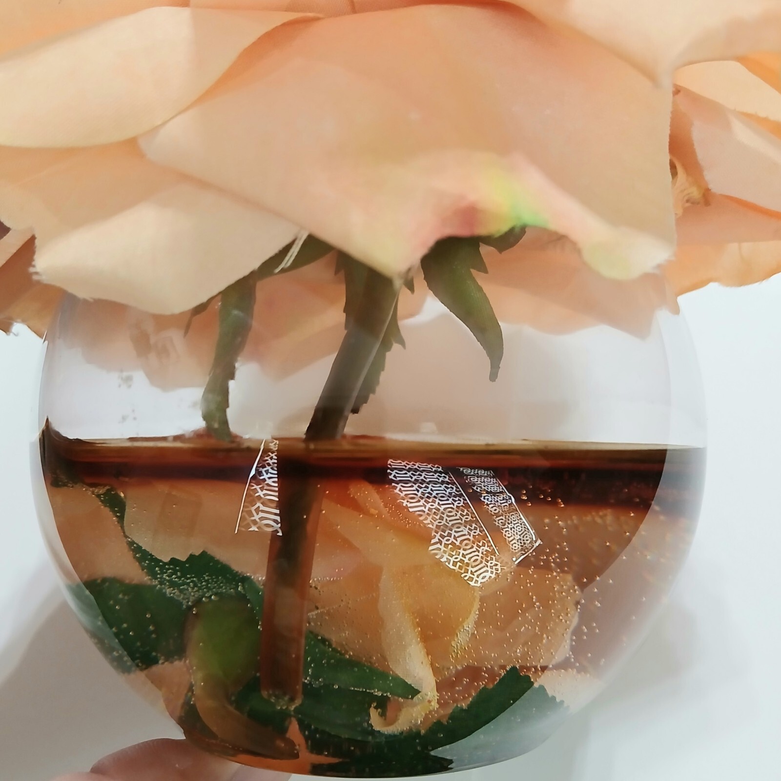Vintage Peach Color Silk Flower Artificial  w/ Resin in Glass Bowl 5″