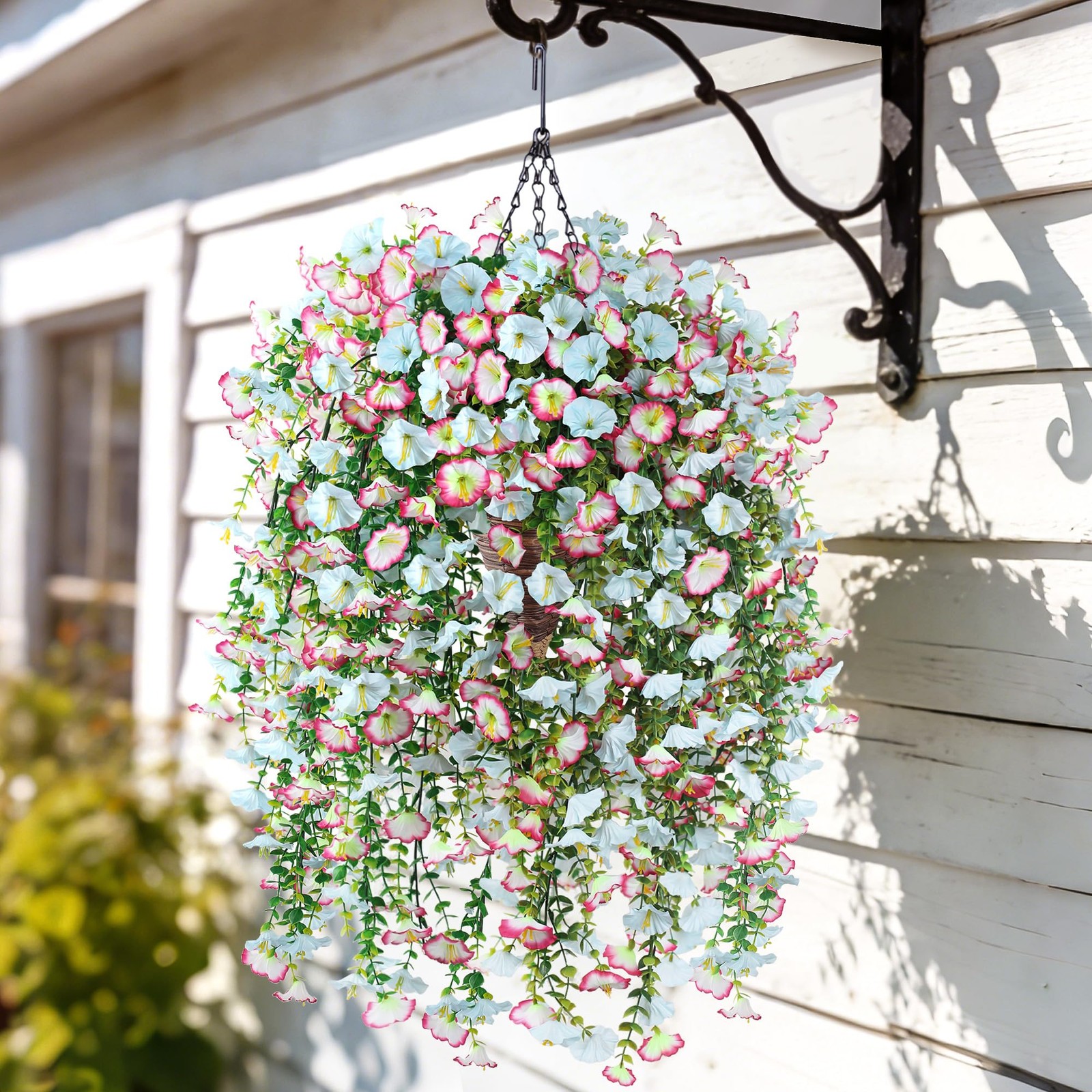 Artificial Hanging Flowers with Basket, 480 Blooms UV Resistant Faux Morning …