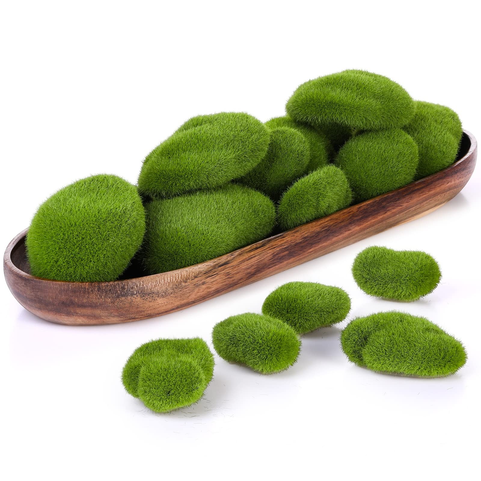 18 Pcs 6 Sizes Artificial Moss Rocks with Oval Wood Tray 13.8” x 4.7” x 1.2…