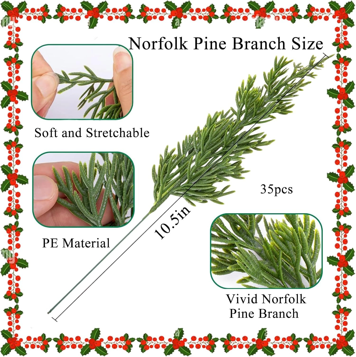 45Pcs Artificial Pine Branches with Red Berries 13In Xmas Stems for Wreath Decor