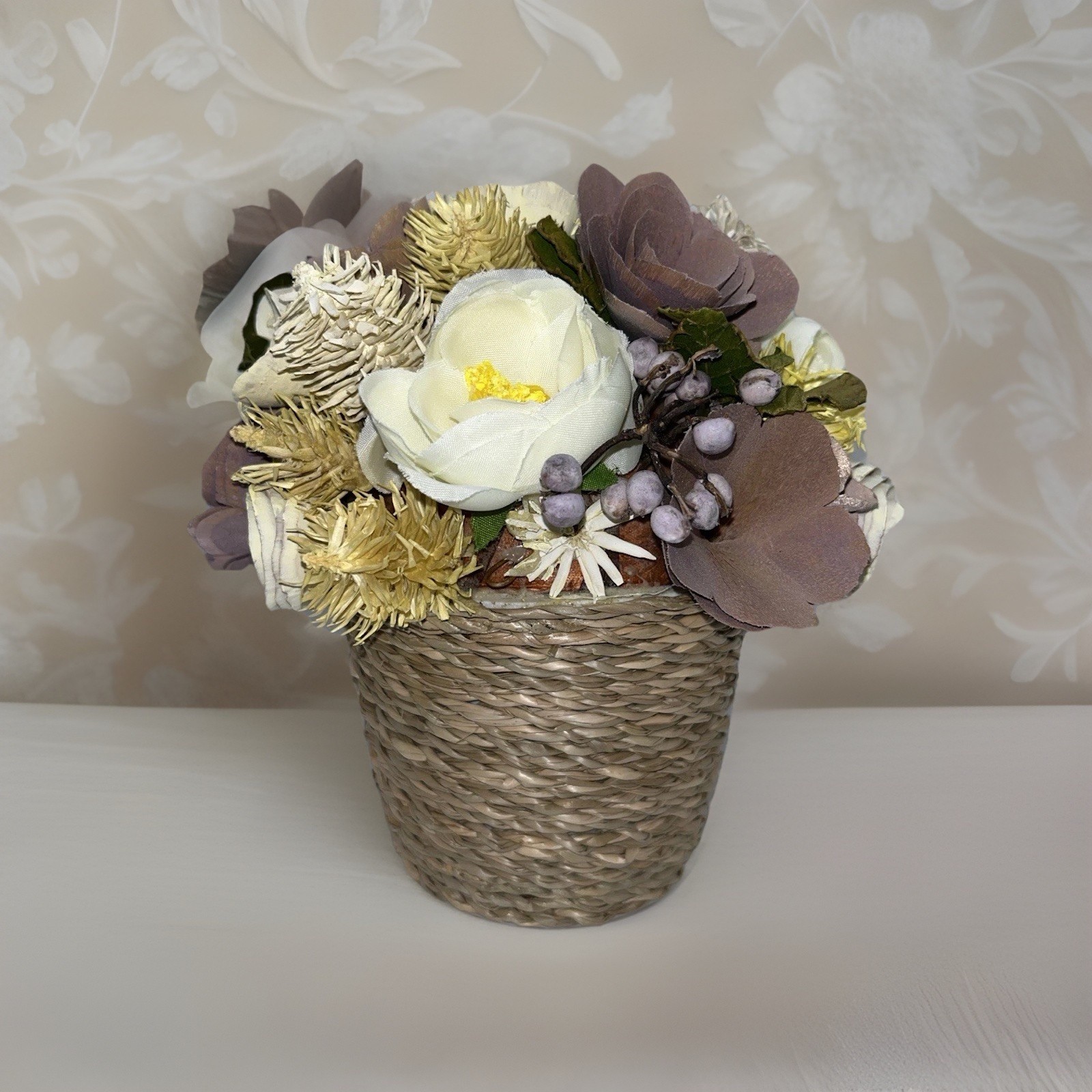 Sola Wood Rose Floral Arrangement Lavender Mauve Ivory Faux Flower Weave Basket