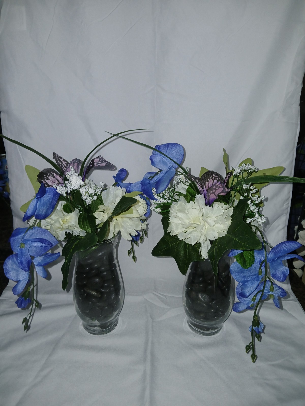 Set of 4 Artificial Blue/White Floral Arrangements w/ Purple Butterflies