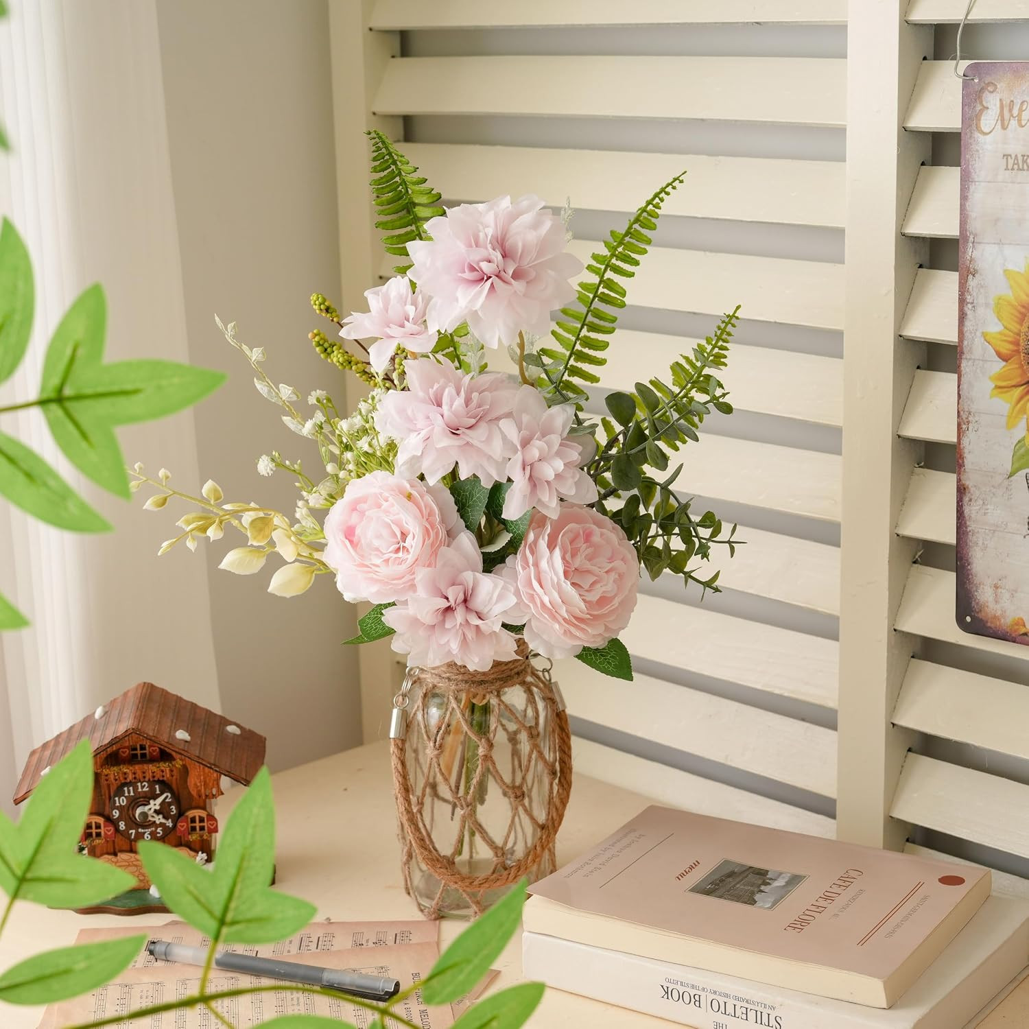 Fake Flowers with Vase – Artificial Light Pink Dahlia Flowers Arrangement, Flora