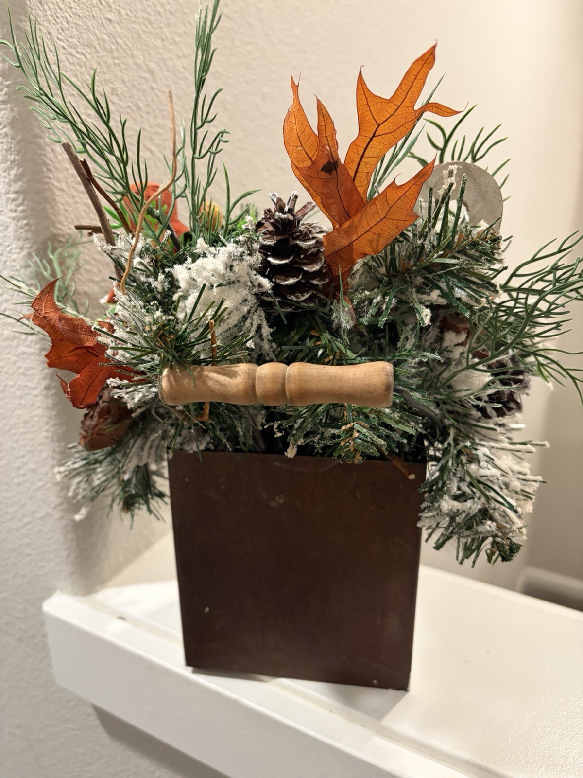 Painted Snowman Tin Bucket w Artificial Pine Table/Wall Arrangement ~Christmas
