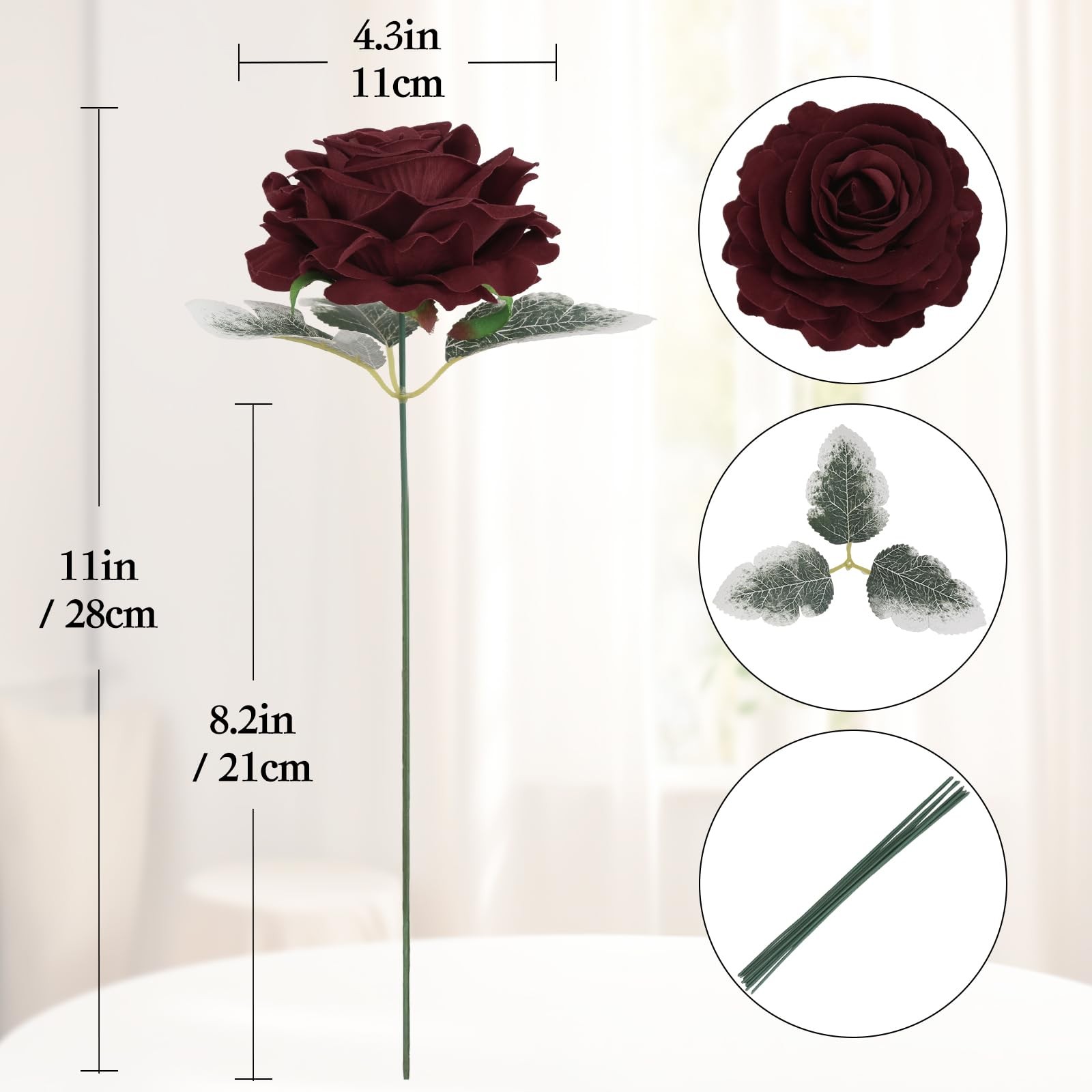 10PCS Burgundy Rose Artificial Flowers 4.3″ Large Fake Velvet Rose Bulk Real …