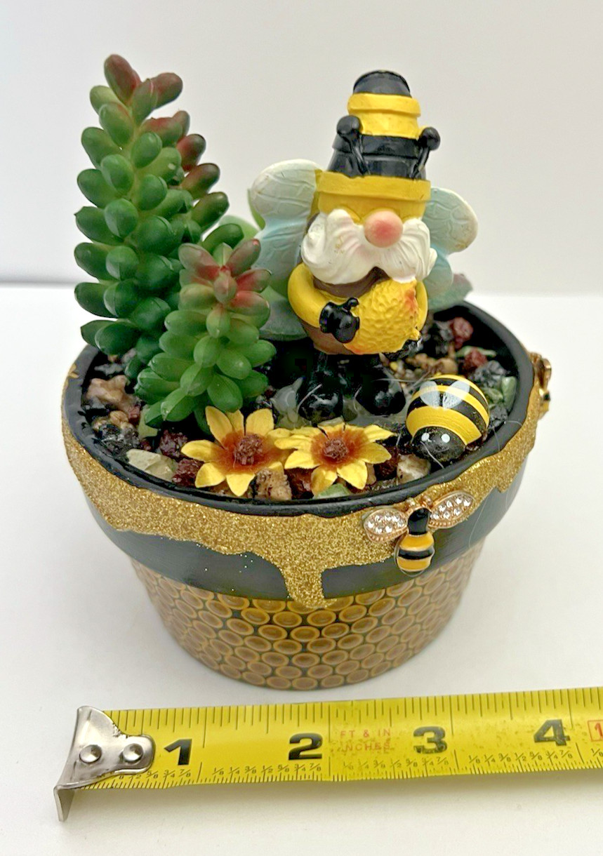Handmade Gnome Planter Pot Fake Cactus Bumble Bee Theme Artificial Succulent