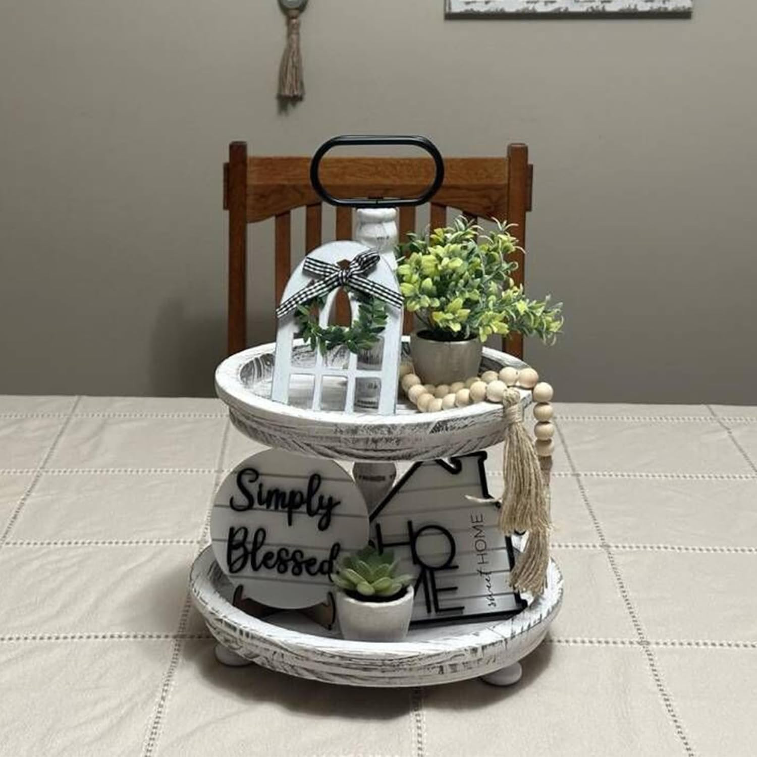 Set of 8 Farmhouse Tiered Tray Decor with 1 Artificial Succulent Plant & 1 Artif
