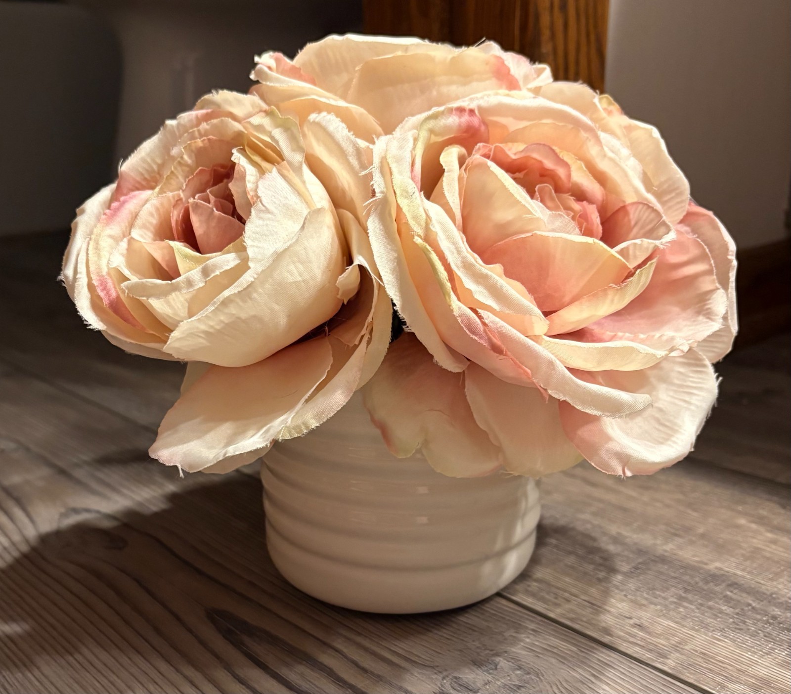 Faux Blush Pink Rose Arrangement in White Ceramic Pot