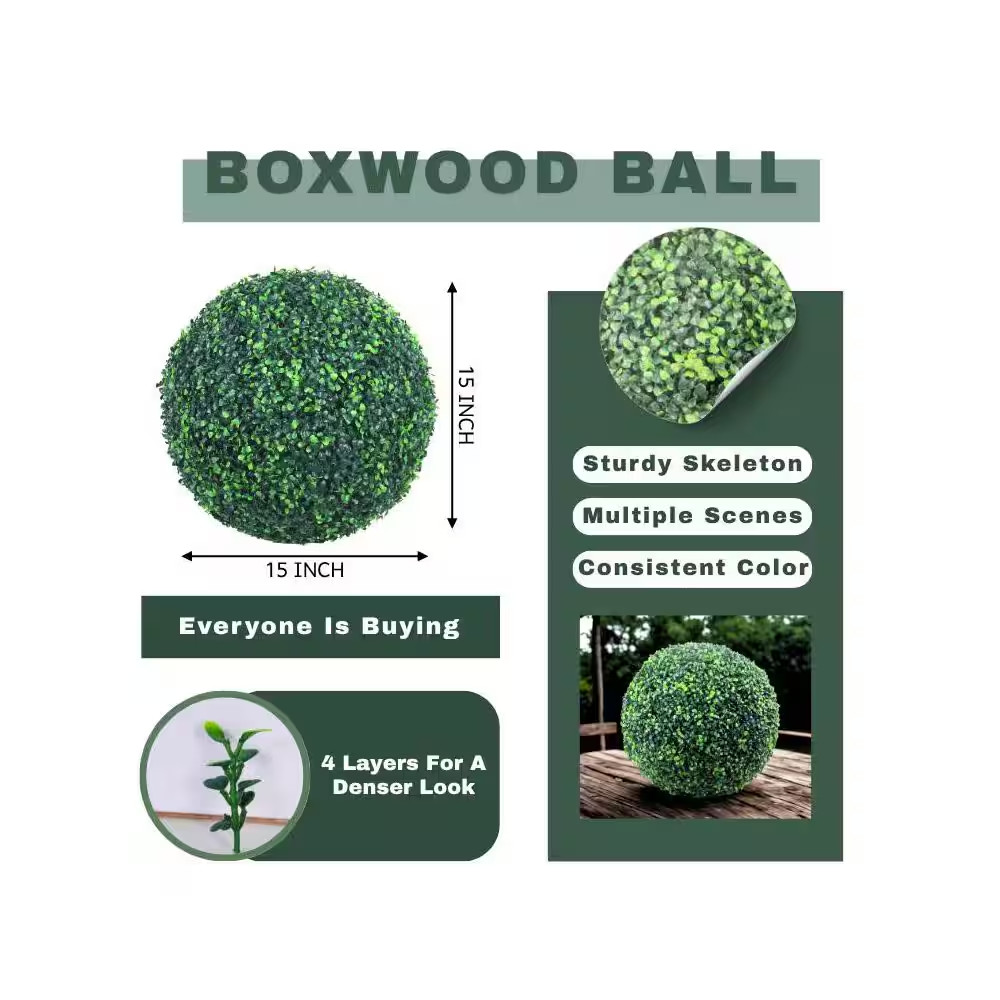 15 In. 2-Pieces Artificial Plant Topiary Ball Faux Boxwood Decorative Balls for