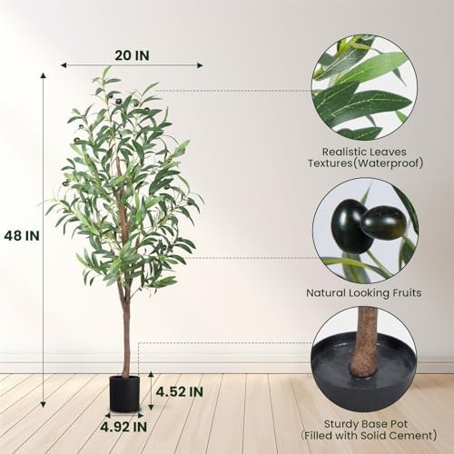 Artificial Olive Tree, 4FT Tall Faux Olive Trees 48in Outdoor Fake Potted Sil…