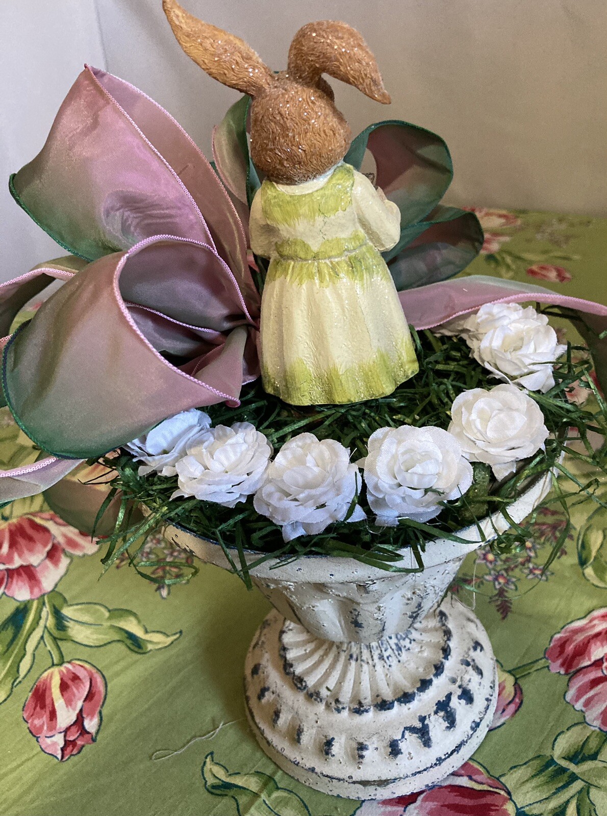 Mother Bunny Collecting Easter Eggs in Large Urn