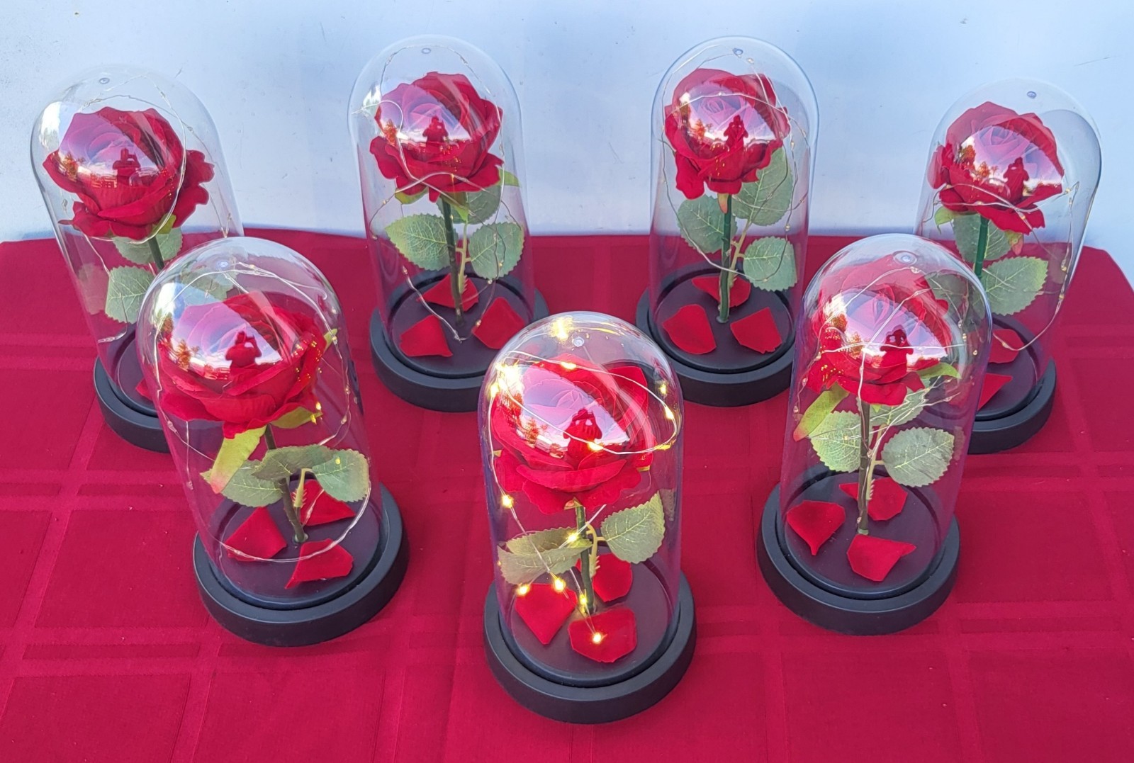Lot of 6 Artifical Forever Red Roses with LED Fairy Lights In Clear Display Dome