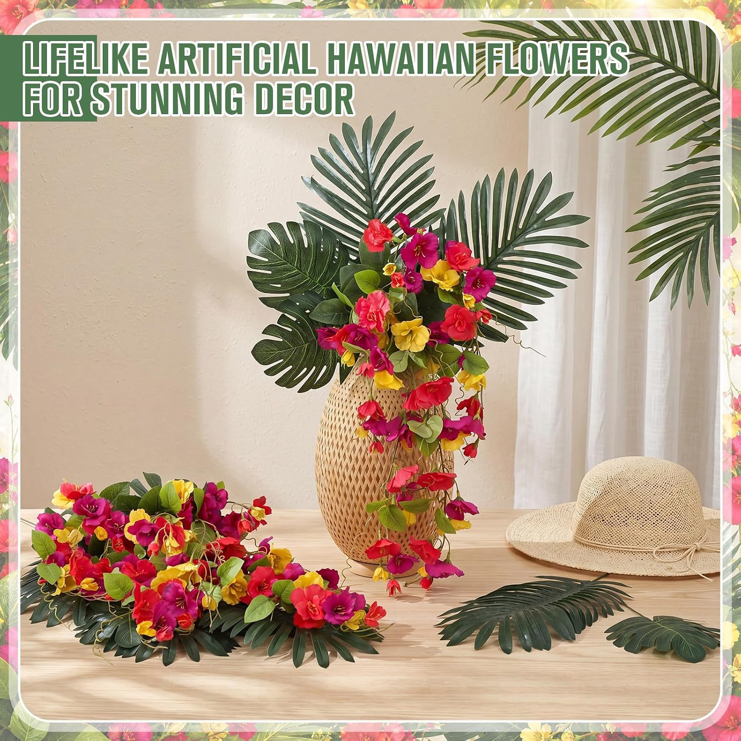 20 Pcs Tropical Hibiscus Flowers & Palm Leaves for Luau Party Decor