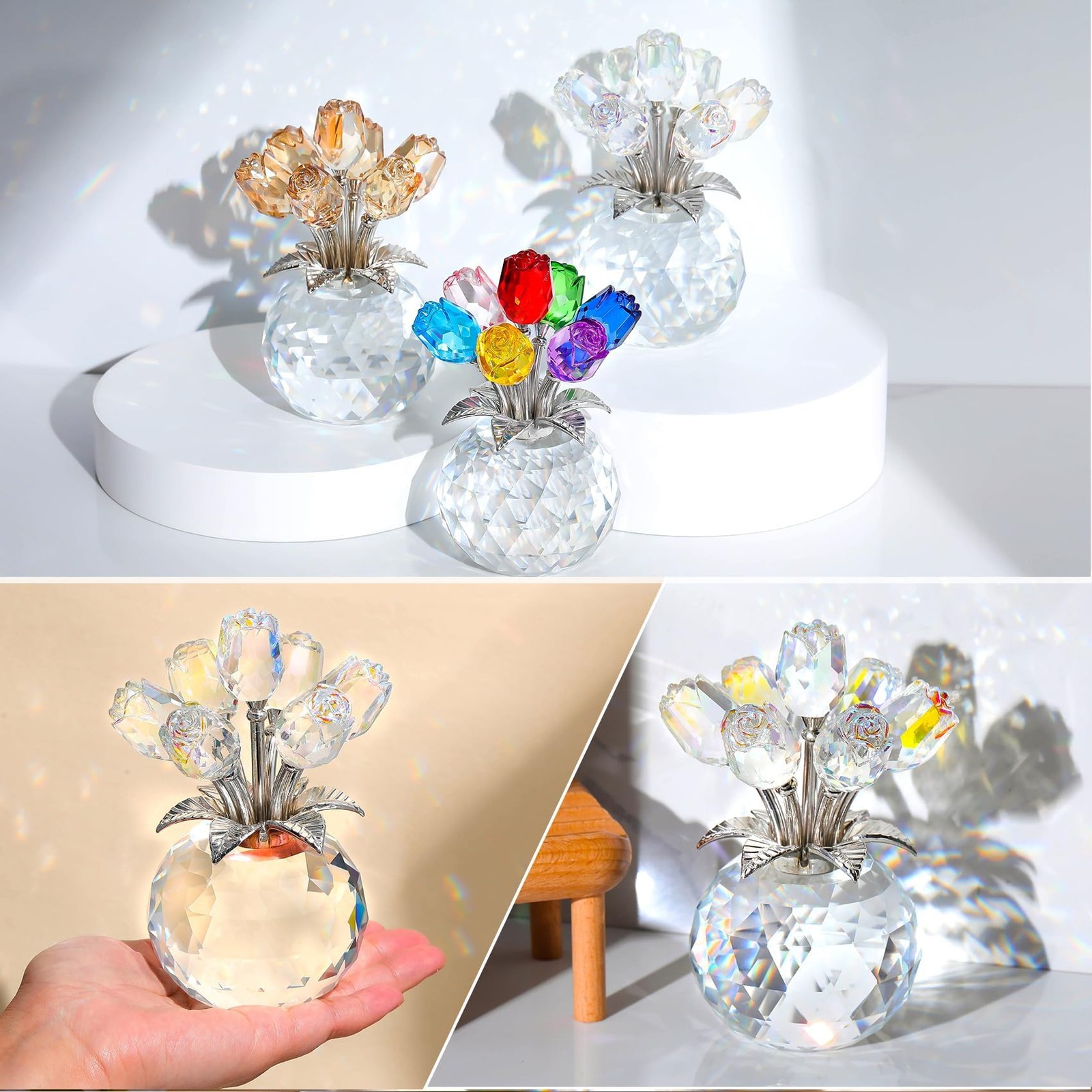 Ornalrist Crystal AB-Color Rose Bouquet Flower with Vase Figurine Decor, Rose…