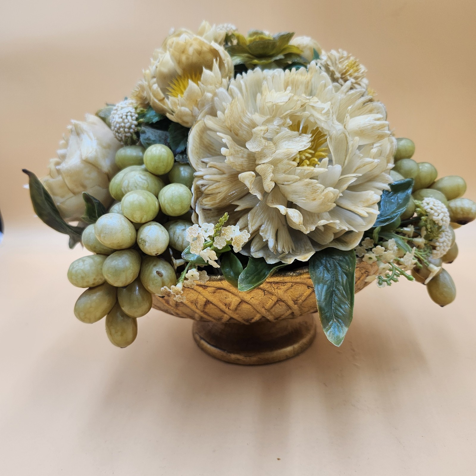 Vintage gold bowl artificial flower fruit arrangement white green Mid Century