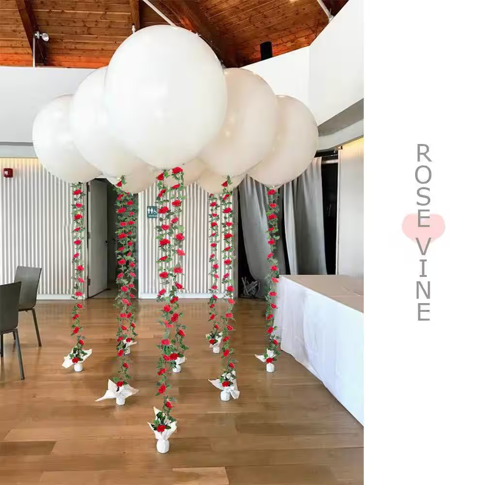 4.72 In. Red Artificial Rose Vine Silk Flower Garland 4-Pieces with Greenery Pla