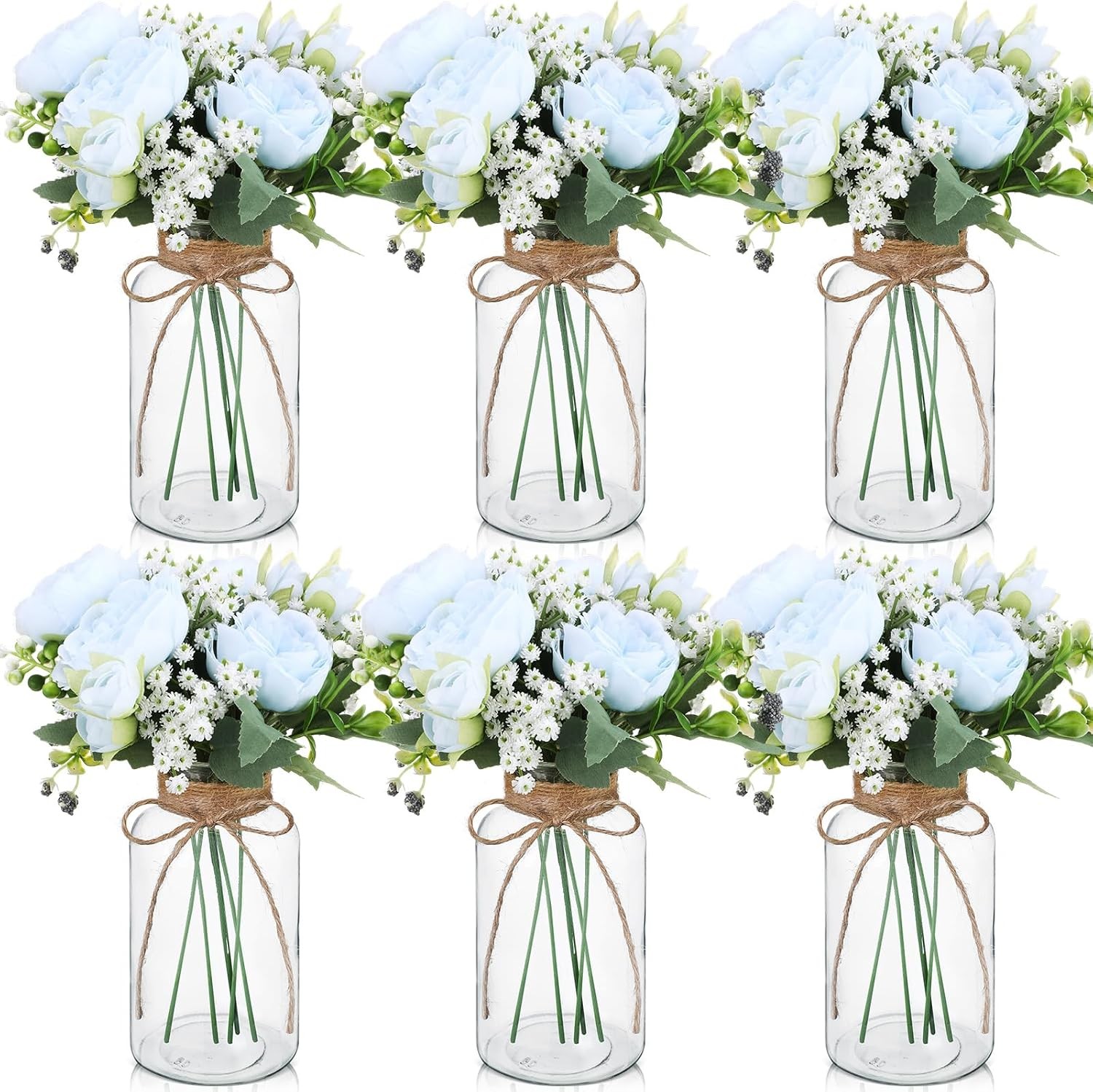 6 Sets Mason Jar Table Centerpiece W/ Artificial Peony Baby’s Breath Flower