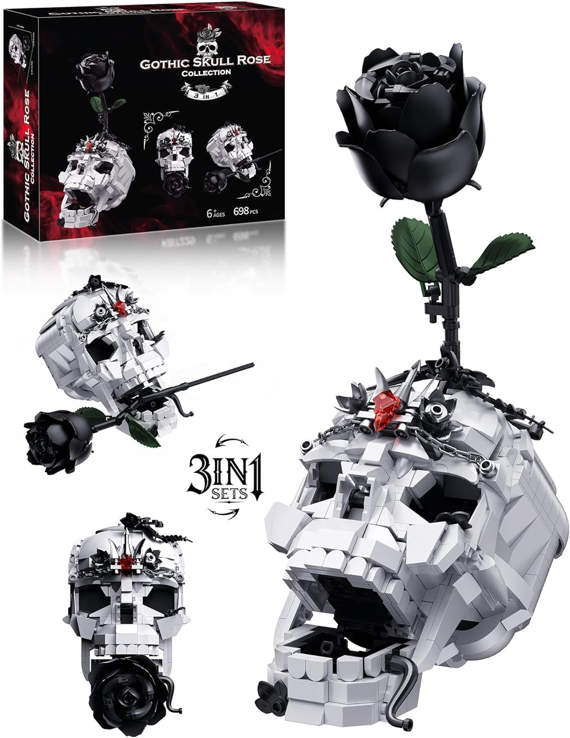 Skull Black Rose Flower Building Set, 3 in 1 Gothic Horror Decor Botanical Artif