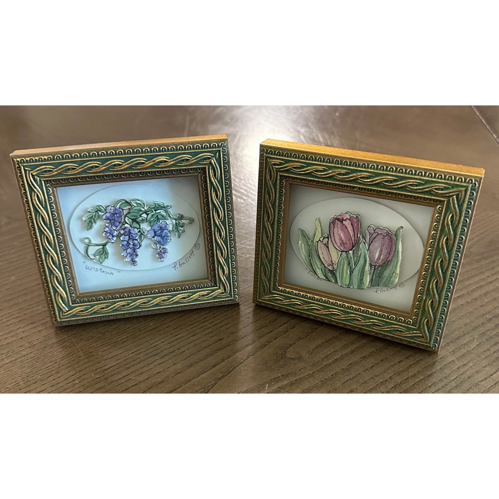 Patsy Gullett Sculptured Minis 3D Paper Tole Art Set Wisteria Tulips Framed 4×5