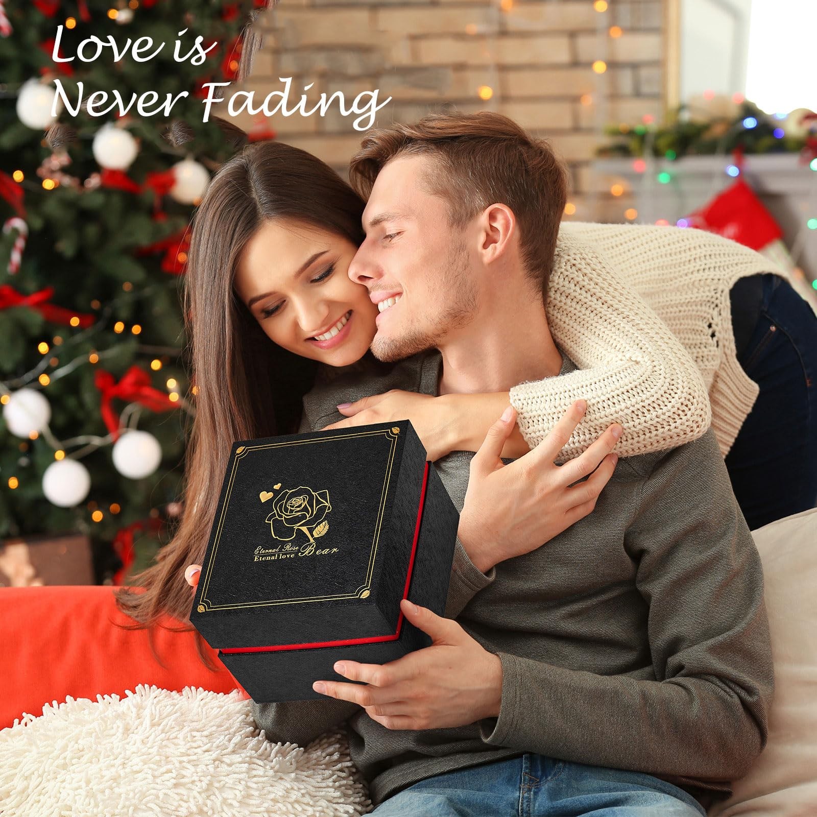 Romantic Teddy Red Bear with Preserved Rose – Real Rose in Elegant Black Gift…