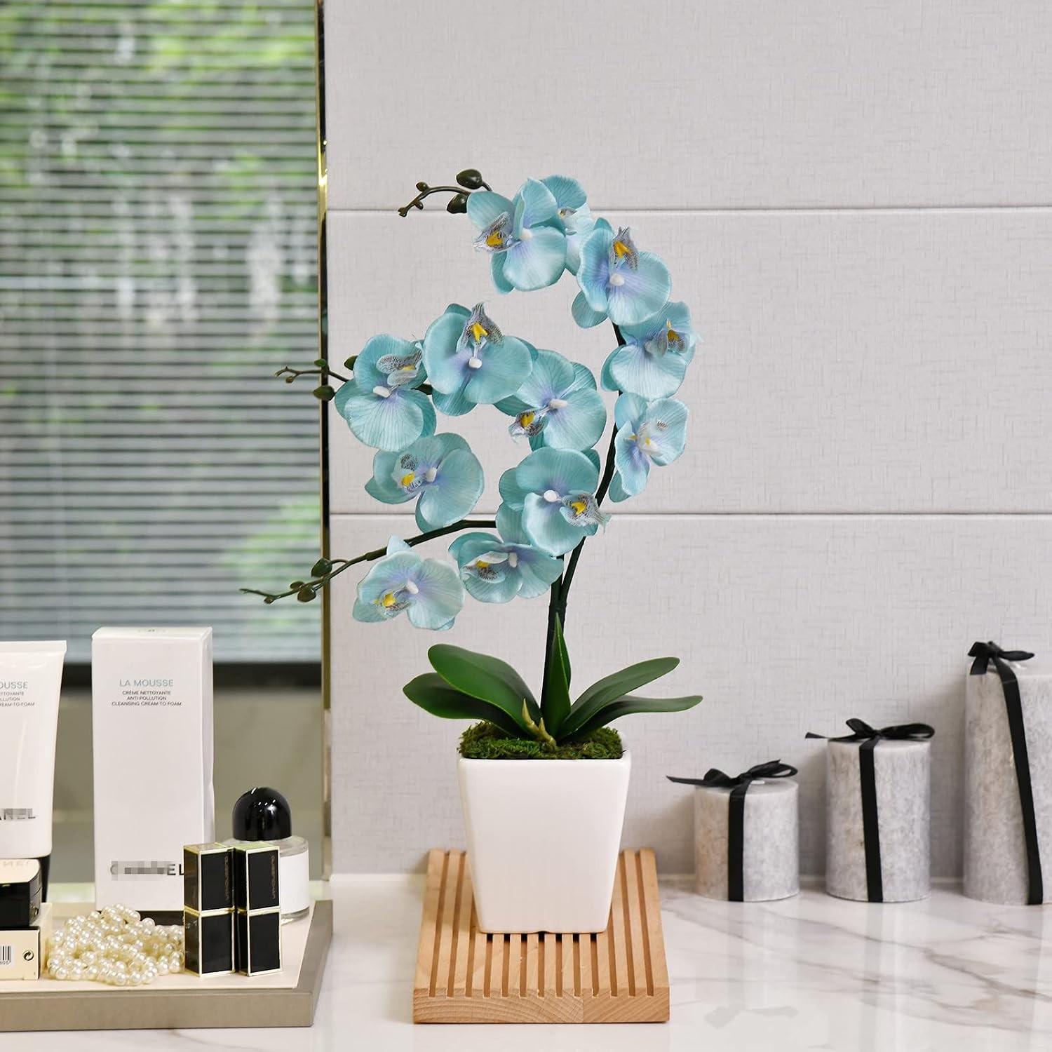 Artificial 15 Inch Tall Phalaenopsis Orchid Plant in Teal Silk Planter