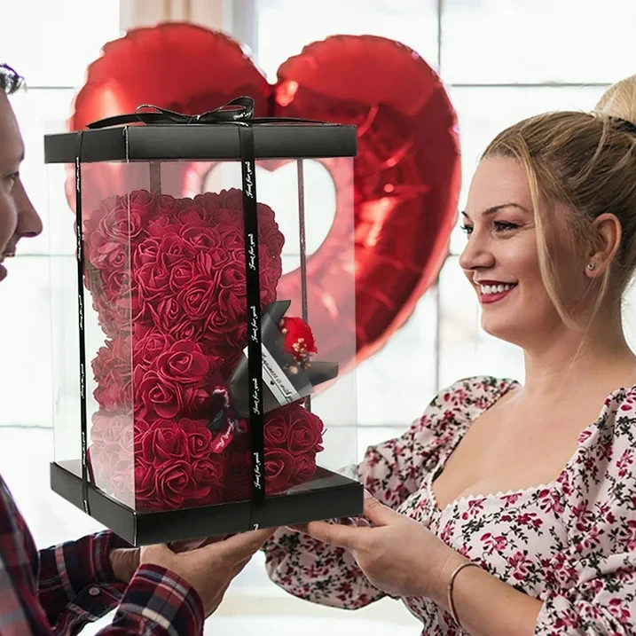 RECUTMS ARTIFICIAL ROSE BEAR VALENTINES DAY GIFT FOR HER, RED *DISTRESSED PKG