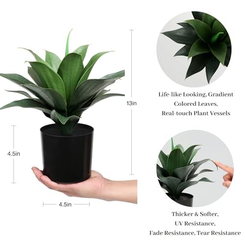 14″ Large Artificial Succulent Faux Agave Plant in Pot, Fake Potted Dark Green