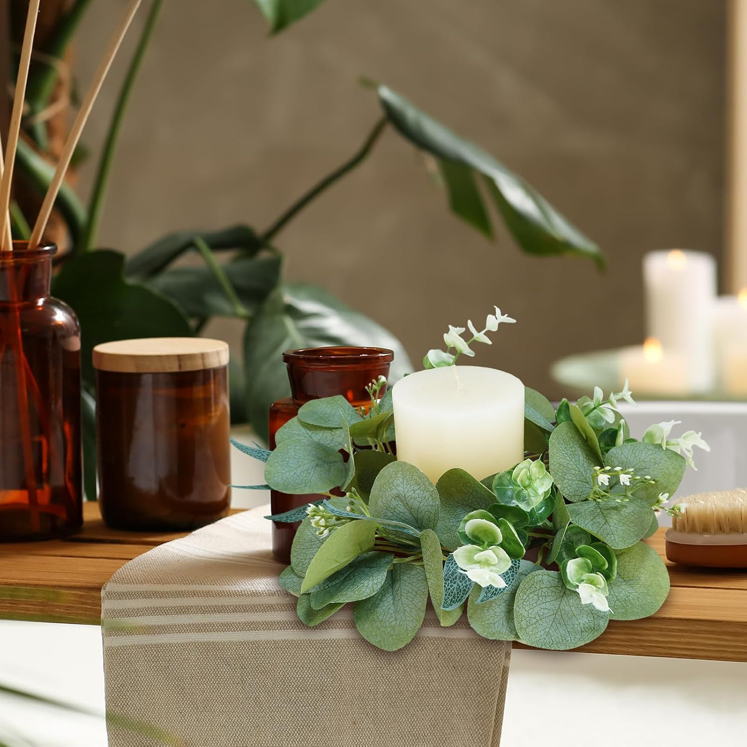 Artificial Eucalyptus Candle Rings – Set of 4 Greenery Wreaths for Holders