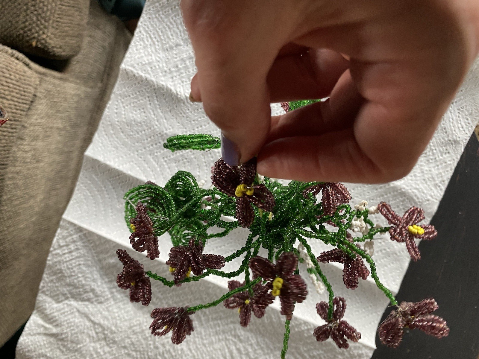 Vtg French Glass Beaded Purple Green Yellow Flower Bouquet Floral Arrangement