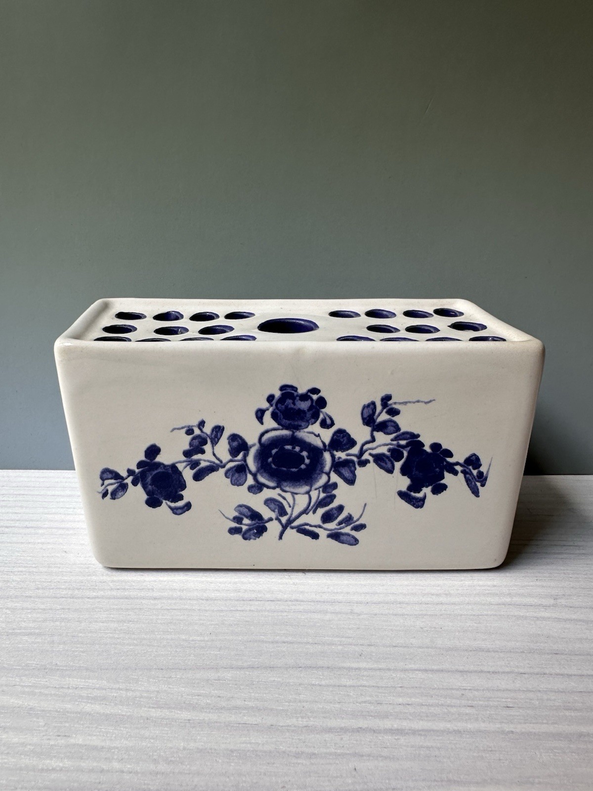 Hand Painted Ceramic Blue and White Flower Frog Vase, 1992 Made in Portugal