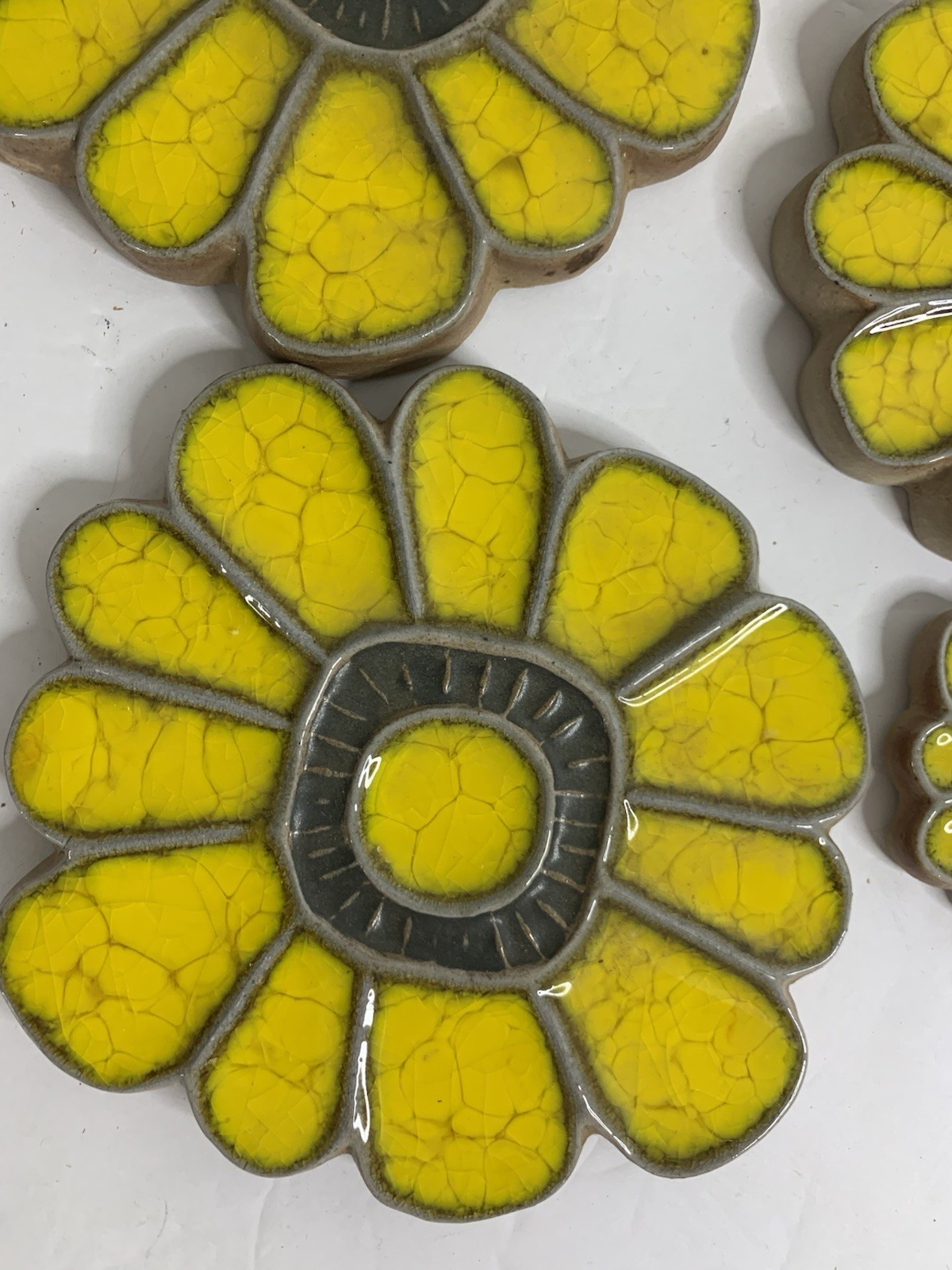 Pottery Decor Handcrafted Crackle Glazed Ceramic Folk Art Lot 4 Yellow Flowers