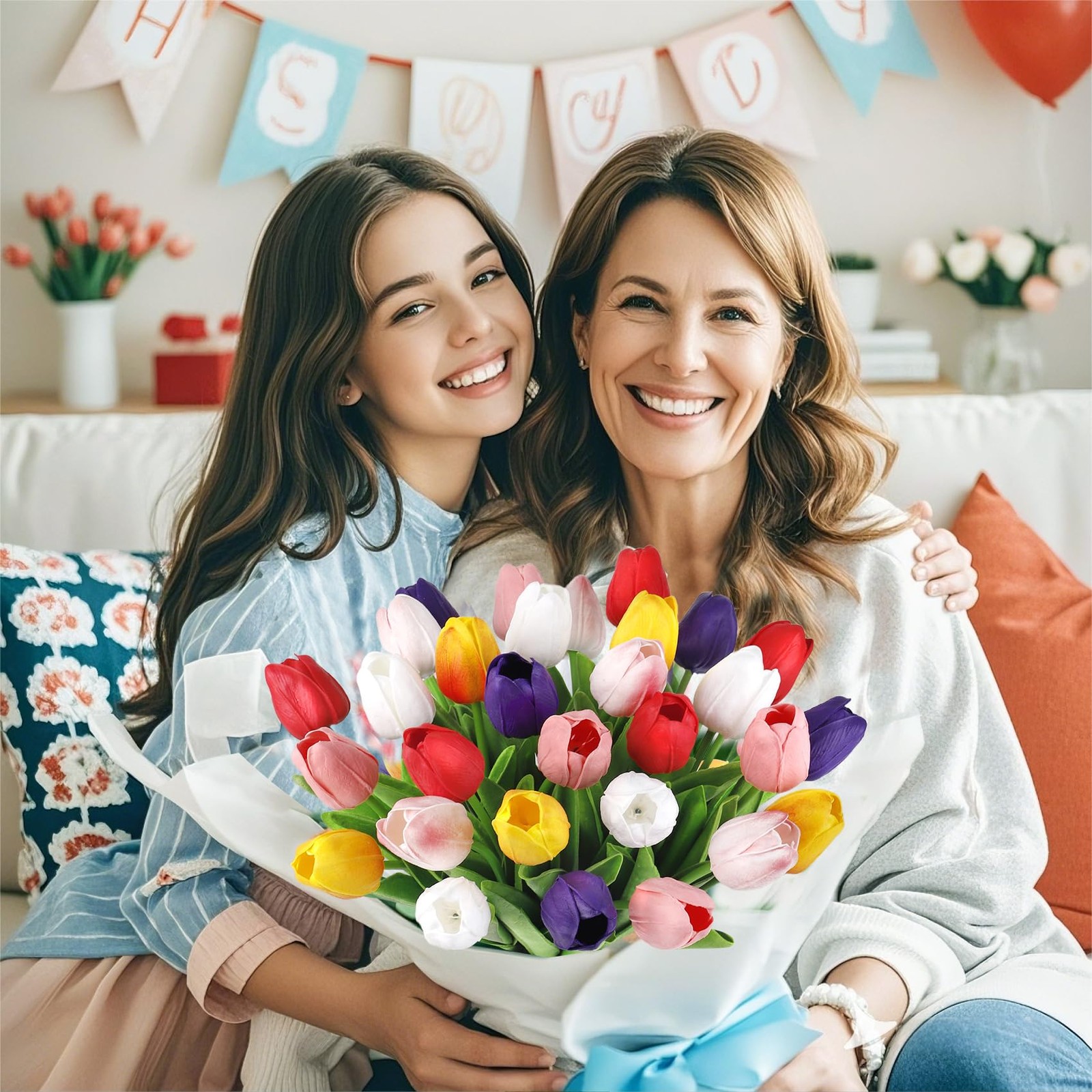 30 Pcs Multicolor Artificial Tulips Flowers for Decoration Real Touch PU Faux