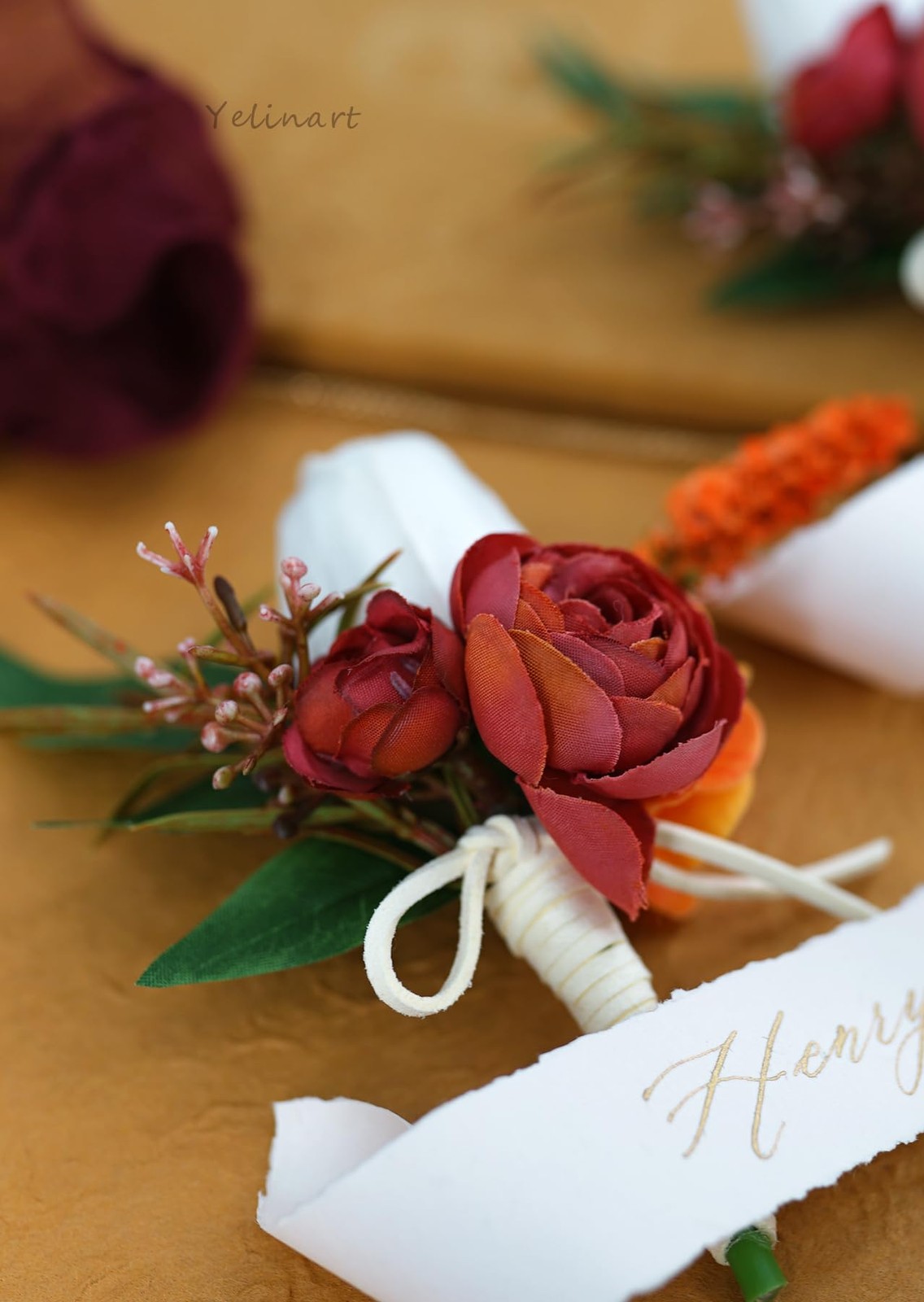 1 PCS Burgundy & Orange Boutonniere Men Wedding Groom Artificial Tulip Rose