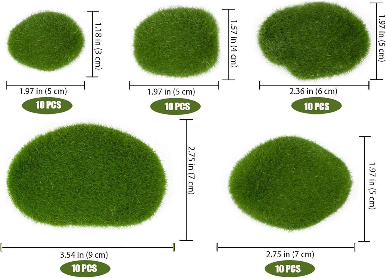 50 Pcs 5 Size Artificial Moss Rocks Decorative Faux Green Moss Decor Balls