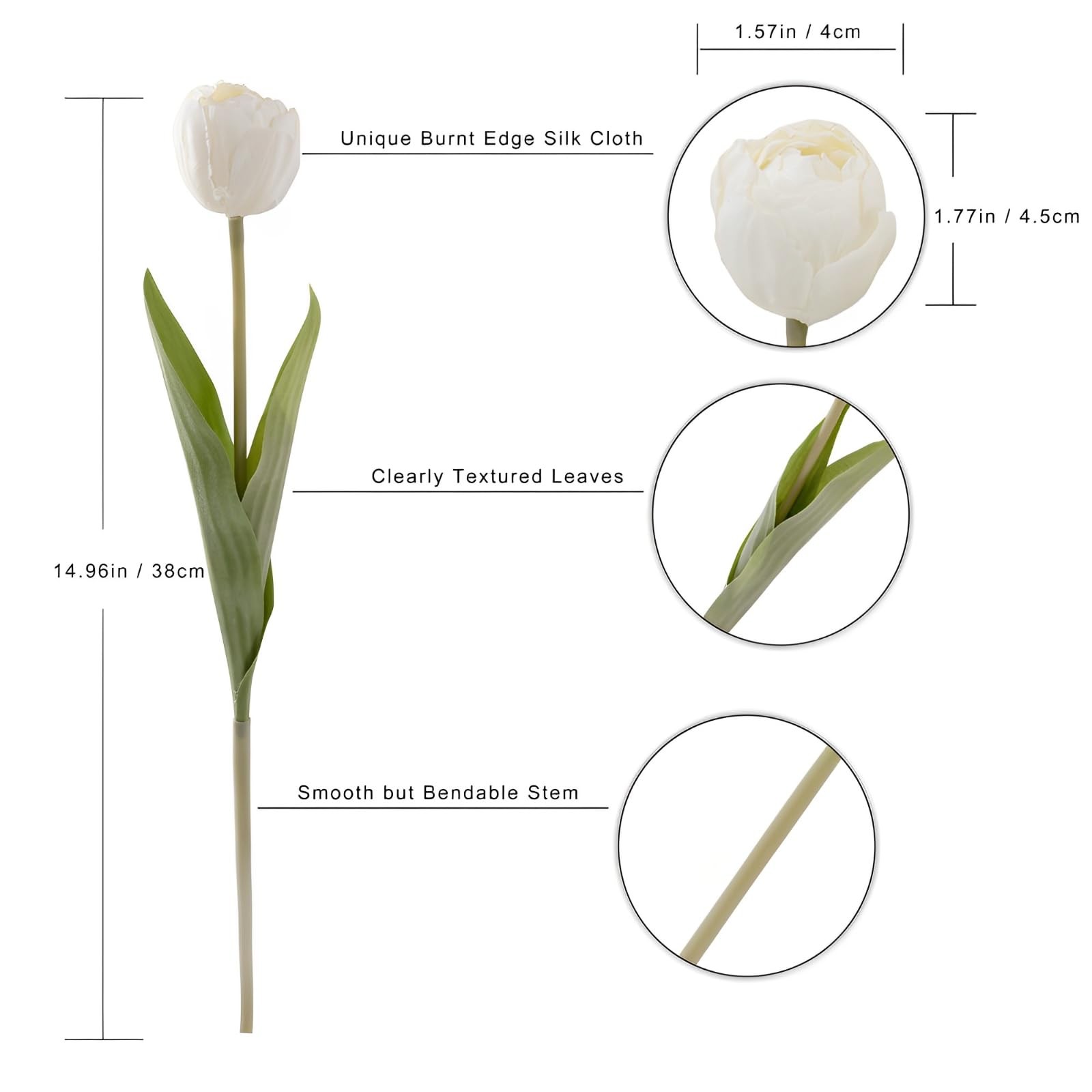12 PCS White Artificial Silk Faux Tulips 15 Inch Flowers Home Office Decor