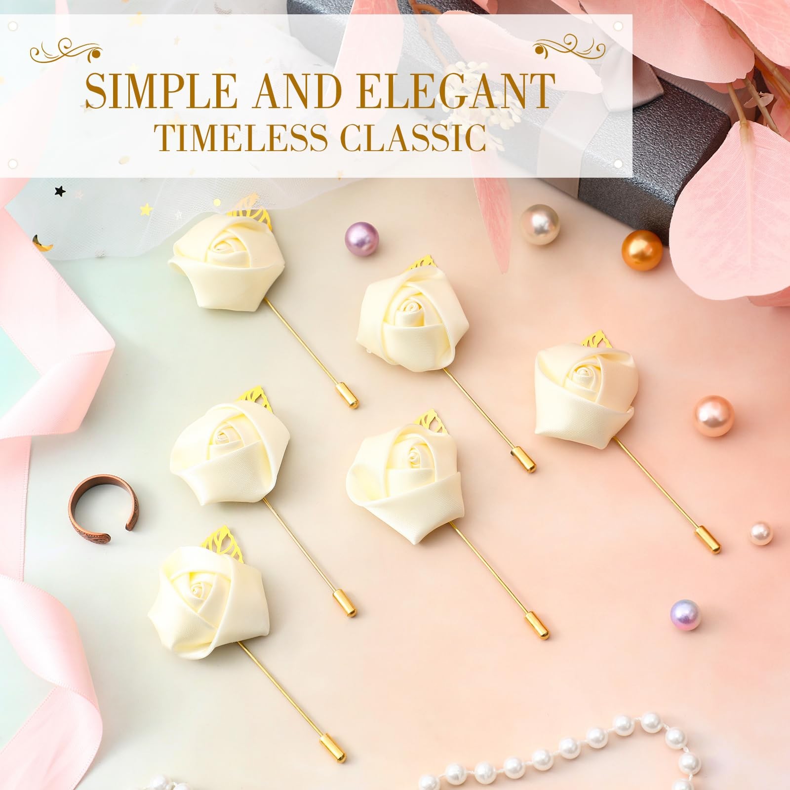 24 PCS Cream Rose Boutonniere Wedding Buttonholes Pocket For Men Prom Pin