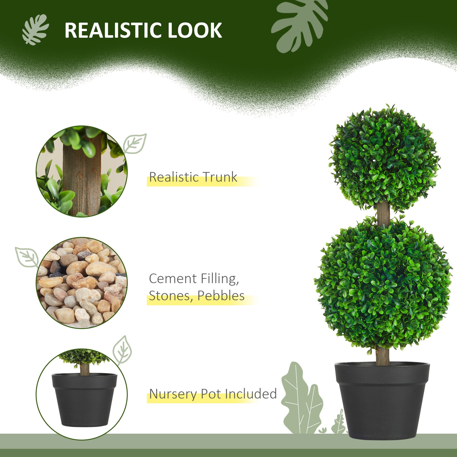 2 Pack 23.6″ Artificial Boxwood Ball Topiary Tree Fake Plants in Pot Green