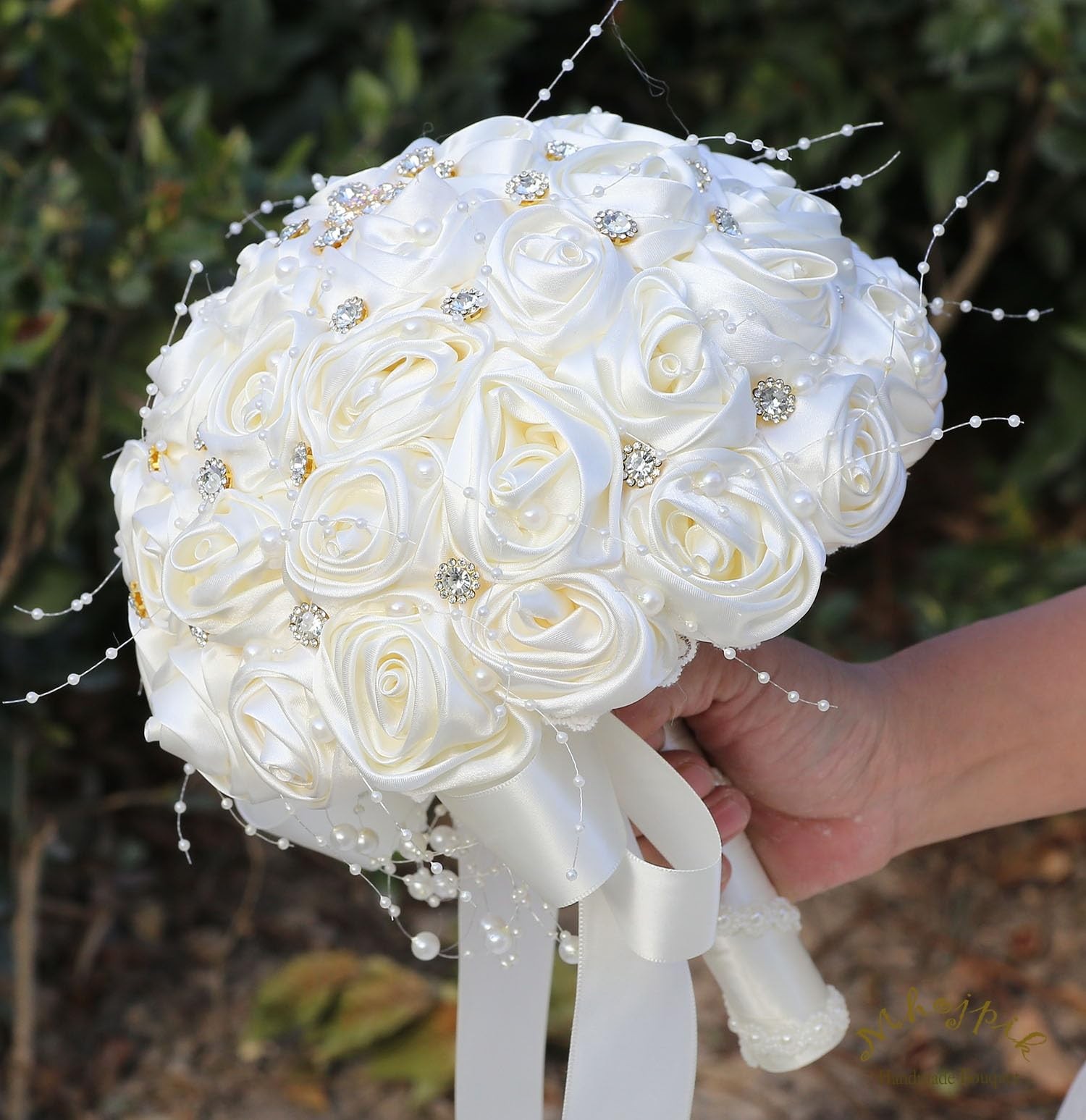 Ivory 7.5 Inch Bridal Wedding Bouquet Round Bling Brooch Artificial Rose Toss
